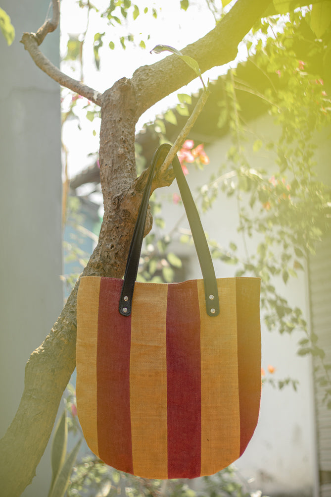 Upcycled Jute Tote Bag with Leather Handles
