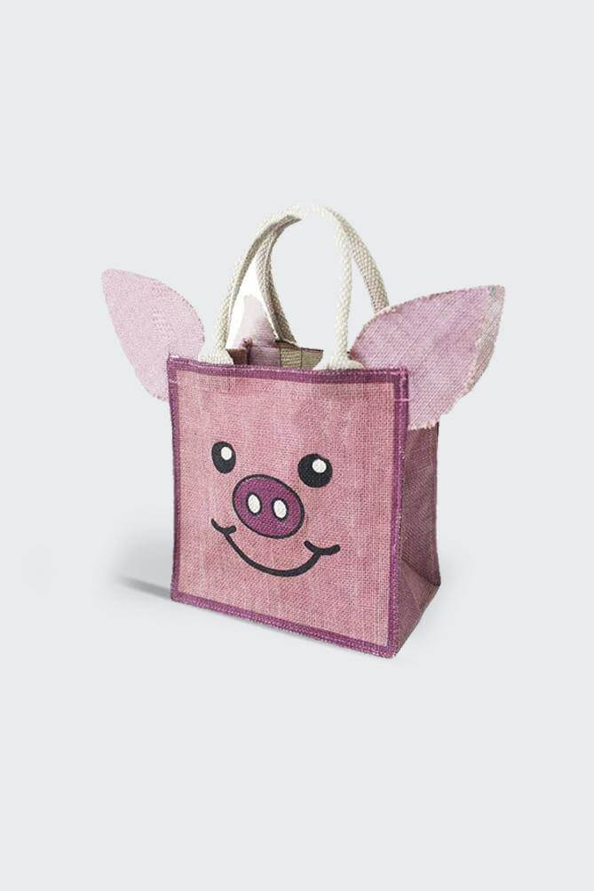 animal print  jute bag with pig printed on it side ways view