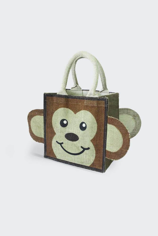 animal print  jute bag with brown monkey printed on it