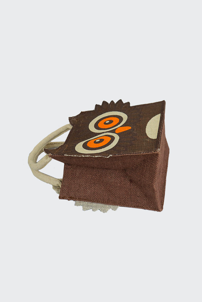 animal print jute bag with brown owl printed on it