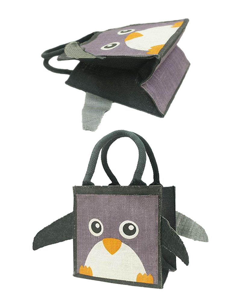 animal print black jute bag with purple penguin printed on it