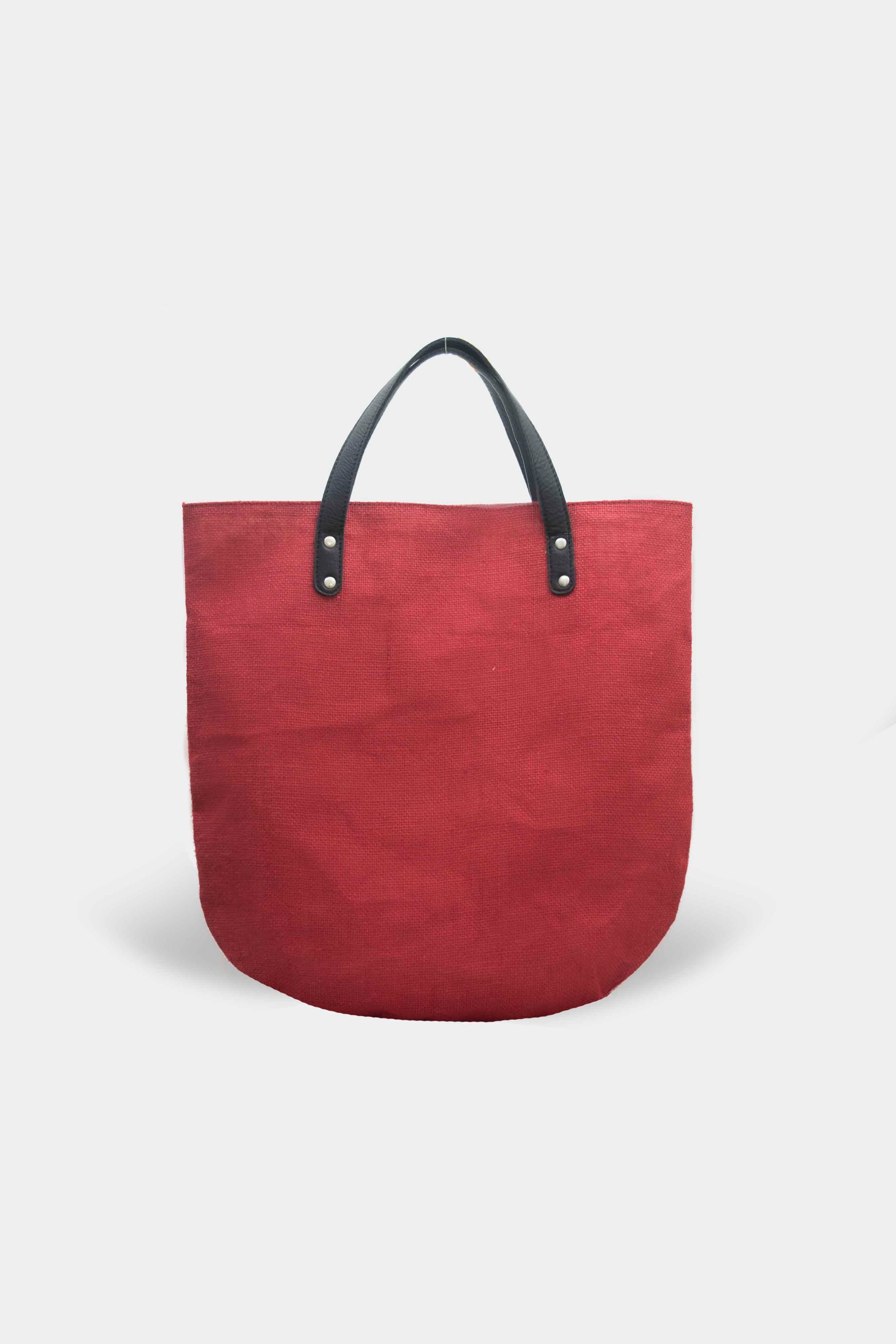 Jute Tote Bag with Leather Handle : Red Variant